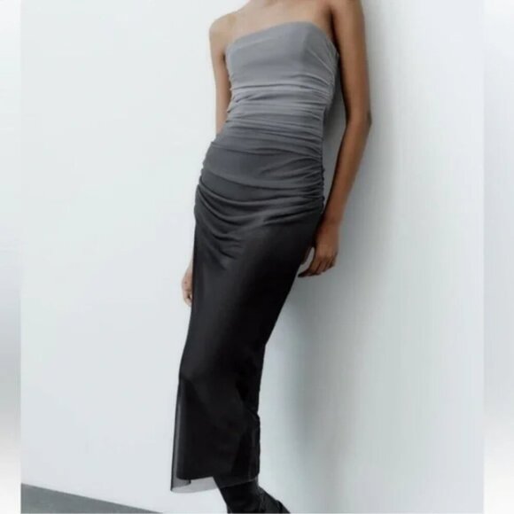 Zara Tulle Strapless Midi Dress Grey Black Ombre Size Large - Picture 10 of 10
